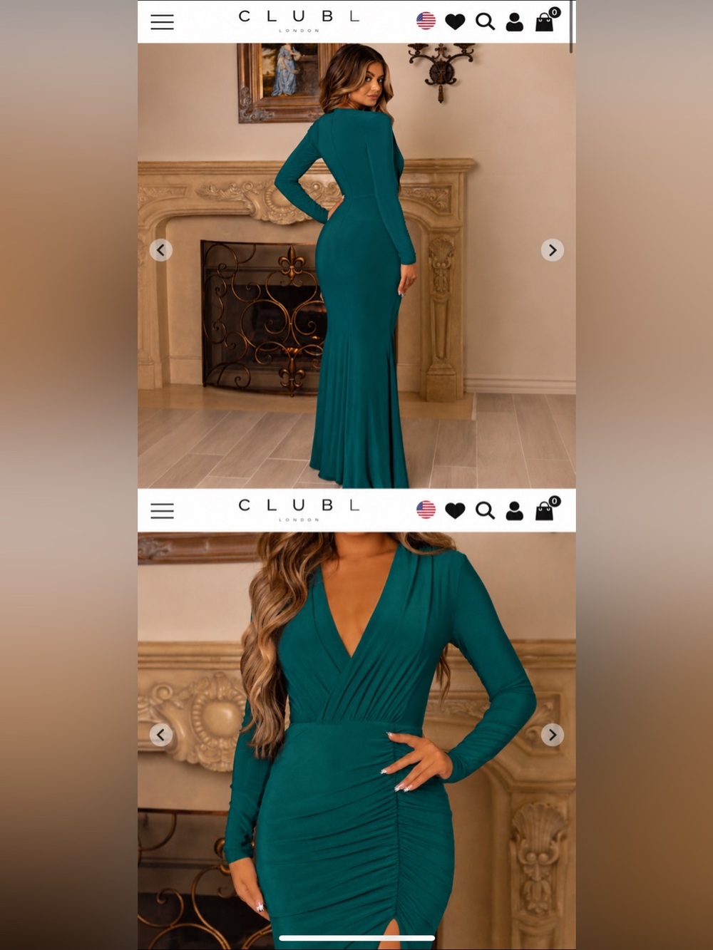 Club L London Teal Deep V Long Sleeve Ruched Maxi Dress - Picture 2 of 3